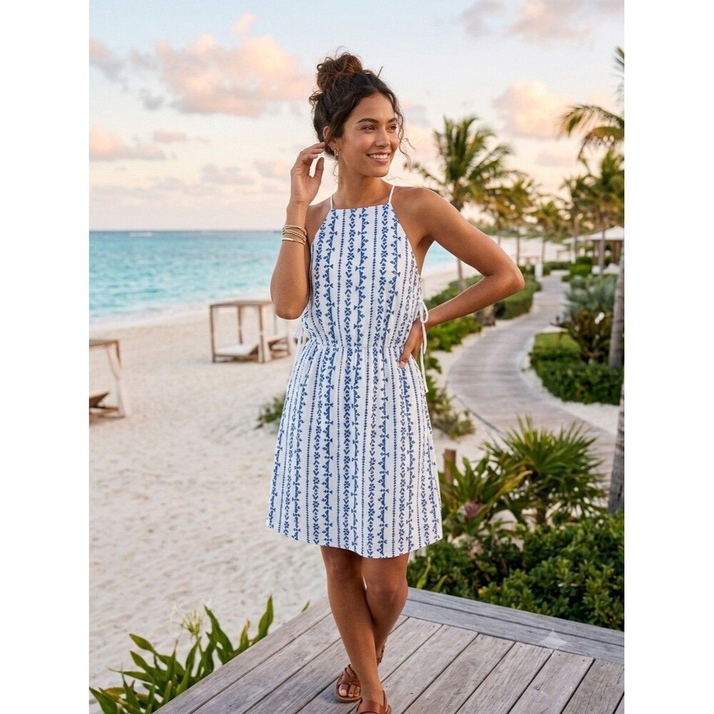 New Encore BlueWhite Geometric Halter Comfy Beach ALine Lightweight Boho Dress S